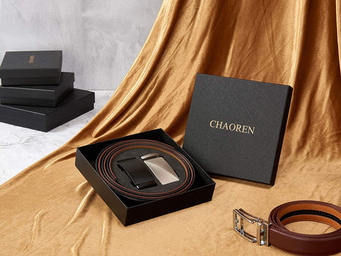 Belts Men, CHAOREN Leather Ratchet Belt 2 Pack with Click Sliding Buckle 1 3/8" in Gift Set Box - Adjustable Trim to Fit