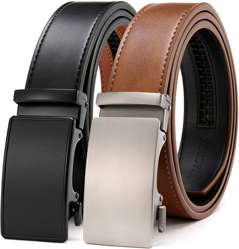 Belts Men, CHAOREN Leather Ratchet Belt 2 Pack with Click Sliding Buckle 1 3/8" in Gift Set Box - Adjustable Trim to Fit