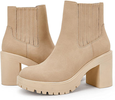 Womems Platform Lug Sole Ankle Boots Chunky Block Heel Seam Booties Combat Cozy Round Toe Chelsea Shoes