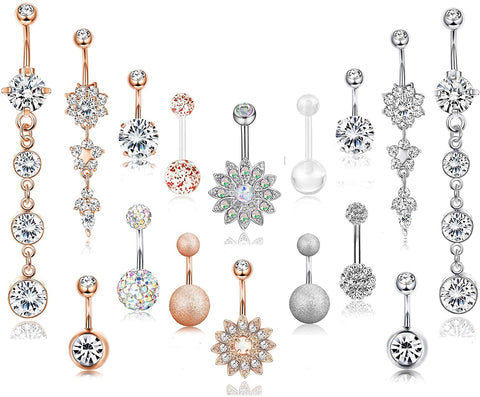 3-16 Pcs 14G Stainless Steel Dangle Belly Button Rings
