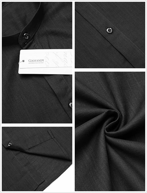 Men's Casual Cotton Shirts Mandarin Collar Short Sleeve Button Down Shirt