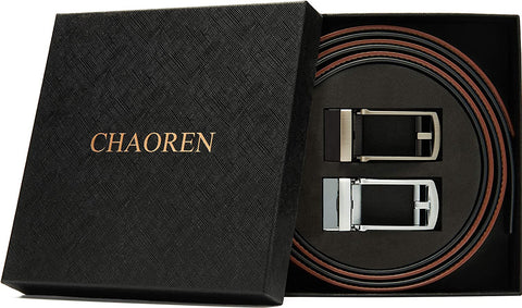 Click Belts for Men Comfort 2 Packs 1 1/4", CHAOREN Ratchet Dress Belt with Adjustable Slide Buckle, Trim to Fit in Gift Set