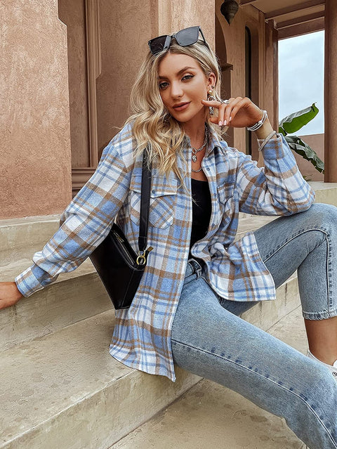 Women's Color Block Plaid Shirts Long Sleeve Flannel Lapel Button Down Pocketed Shacket Jacket Coats