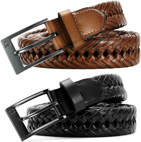 Mens Braided Belts, Braided Leather Belts for Men 2 Pack 1 1/8", CHAOREN Woven Belt Casual and Dress in Gift Box