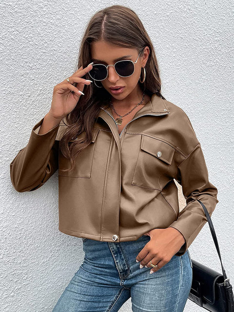 Womens Zipper Front Faux PU Leather Jacket Shacket Casual Long Sleeve Blazer Coat with Bust Pockets