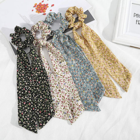 AWAYTR Chiffon Ponytail Hair Scarf Scrunchies - 4 Packs Flower Cashew Leopard Ripple Point Elastic Hair Ties Bow for Women (Floral(Black+Beige+Yellow+Black))