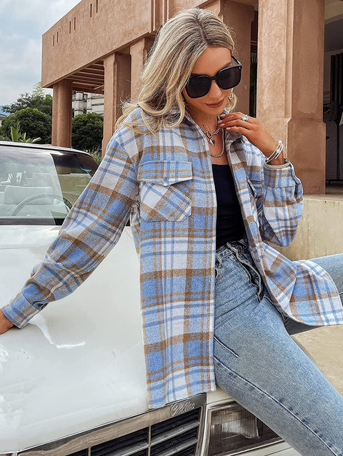 Women's Color Block Plaid Shirts Long Sleeve Flannel Lapel Button Down Pocketed Shacket Jacket Coats