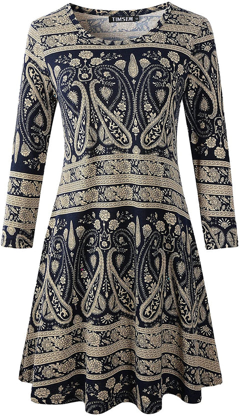 Luckco Women's Scoop Neck 3/4 Sleeve Floral Flare Casual Swing T-Shirt Dress