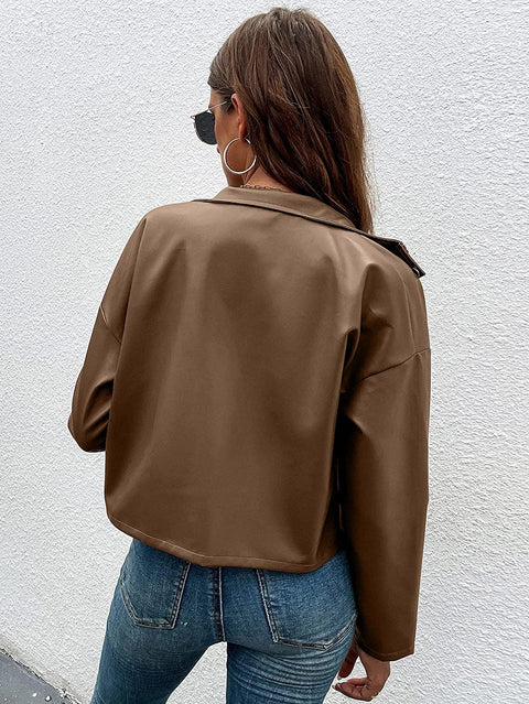 Womens Zipper Front Faux PU Leather Jacket Shacket Casual Long Sleeve Blazer Coat with Bust Pockets