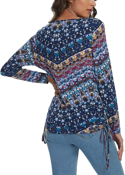 Women's Floral Print Shirts Long Sleeve Boat Casual Tunic Tops Blouse for Women