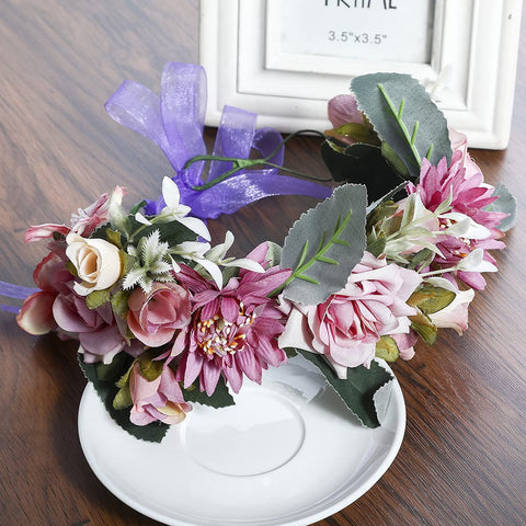 AWAYTR Bohemia Big Lilies Floral Crown Party Wedding Hair Wreaths Hair Bands Flower Headband (Purple)
