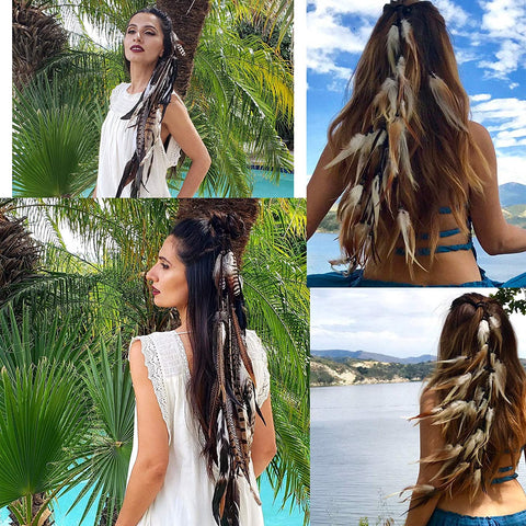 Hippie Feather Extension Hair Ties - AWAYTR Boho Feather Crown Elastic Gypsy Festival Headband Indian Hair Accessories 1970s (White + dark brown)