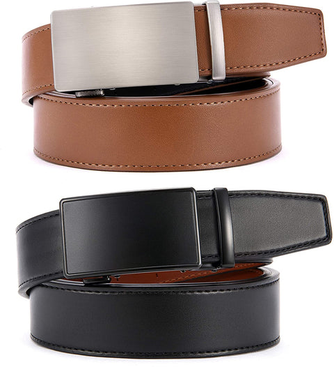 Belts Men, CHAOREN Leather Ratchet Belt 2 Pack with Click Sliding Buckle 1 3/8" in Gift Set Box - Adjustable Trim to Fit