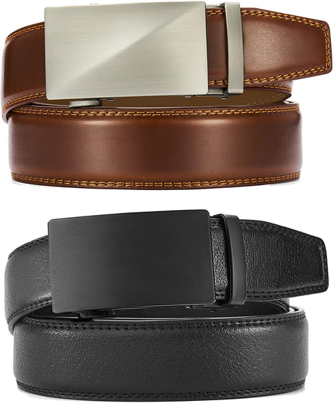 Belts Men, CHAOREN Leather Ratchet Belt 2 Pack with Click Sliding Buckle 1 3/8" in Gift Set Box - Adjustable Trim to Fit