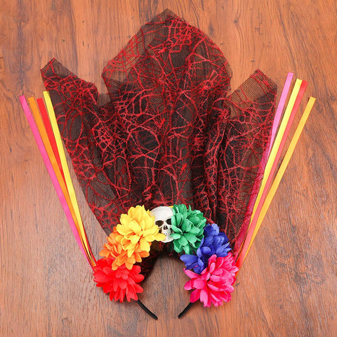 AWAYTR Halloween Spider Rose Flower Headband Veil Leave Rose Large Spider Flower Crown Headdress for Women Girls