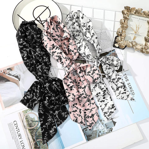 Long Hug Head Wrap Headband - 3PCS Chiffon Twisted Turban Head Wraps Criss Cross Hair Band Long Scarf (Floral(Pink+White+Black))