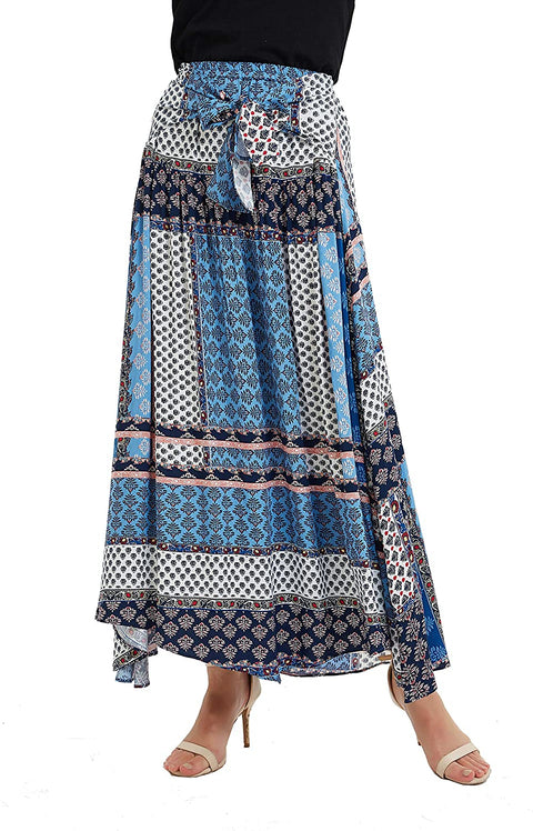 Womens Border Print Pull-on Elastic Waistband Long Skirt Neck Tie Dress