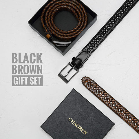 Mens Braided Belts, Braided Leather Belts for Men 2 Pack 1 1/8", CHAOREN Woven Belt Casual and Dress in Gift Box
