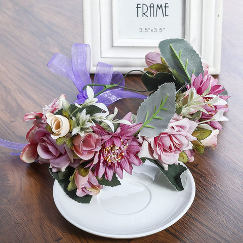 AWAYTR Bohemia Big Lilies Floral Crown Party Wedding Hair Wreaths Hair Bands Flower Headband (Purple)