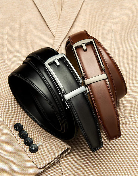 Click Belts for Men Comfort 2 Packs 1 1/4", CHAOREN Ratchet Dress Belt with Adjustable Slide Buckle, Trim to Fit in Gift Set