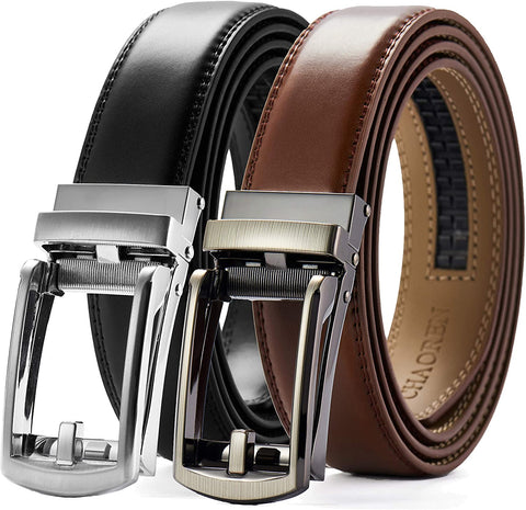 Click Belts for Men Comfort 2 Packs 1 1/4", CHAOREN Ratchet Dress Belt with Adjustable Slide Buckle, Trim to Fit in Gift Set