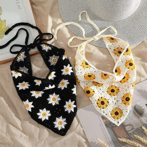 Crochet Bandana Head Kerchief Hair Scarf 2Pcs Knitted Hair Scarves Crochet Hair Kerchief Tie Bcak Headwrap Floral Hair Bandanas for Women Girls Scarf (Daisy(Black+Beige))