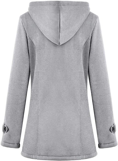 Women's Fuzzy Fleece Pea Coat Winter Casual Zip Up Button Jacket Fashion Warm Long Sleeve Hooded Outerwear with Pockets