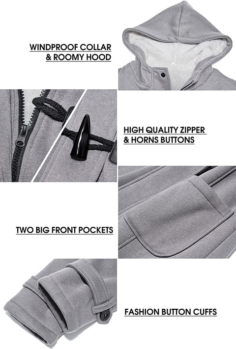 Women's Fuzzy Fleece Pea Coat Winter Casual Zip Up Button Jacket Fashion Warm Long Sleeve Hooded Outerwear with Pockets