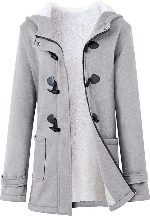 Women's Fuzzy Fleece Pea Coat Winter Casual Zip Up Button Jacket Fashion Warm Long Sleeve Hooded Outerwear with Pockets