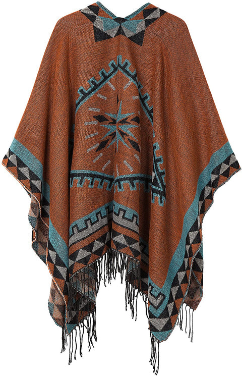 Women's Printed Tassel Open front Poncho Cape Wrap Shawl
