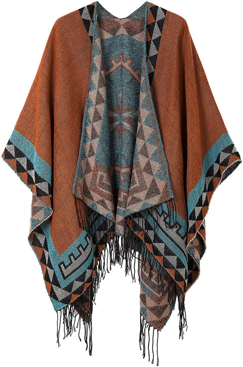 Women's Printed Tassel Open front Poncho Cape Wrap Shawl