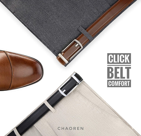 Click Belts for Men Comfort 2 Packs 1 1/4", CHAOREN Ratchet Dress Belt with Adjustable Slide Buckle, Trim to Fit in Gift Set