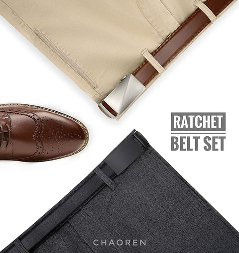 Belts Men, CHAOREN Leather Ratchet Belt 2 Pack with Click Sliding Buckle 1 3/8" in Gift Set Box - Adjustable Trim to Fit