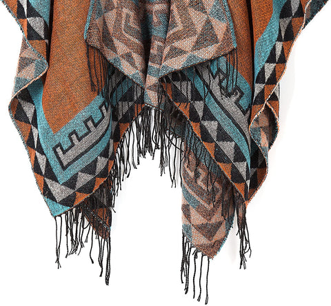 Women's Printed Tassel Open front Poncho Cape Wrap Shawl