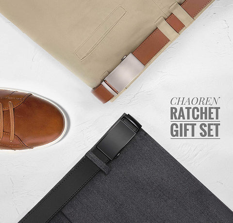 Belts Men, CHAOREN Leather Ratchet Belt 2 Pack with Click Sliding Buckle 1 3/8" in Gift Set Box - Adjustable Trim to Fit