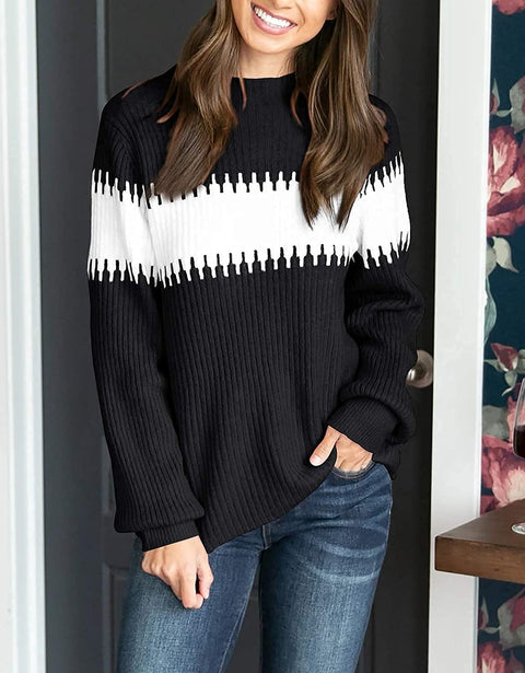Vollonce Women's Fall Sweater Casual Long Sleeve Turtleneck Colorblock Striped