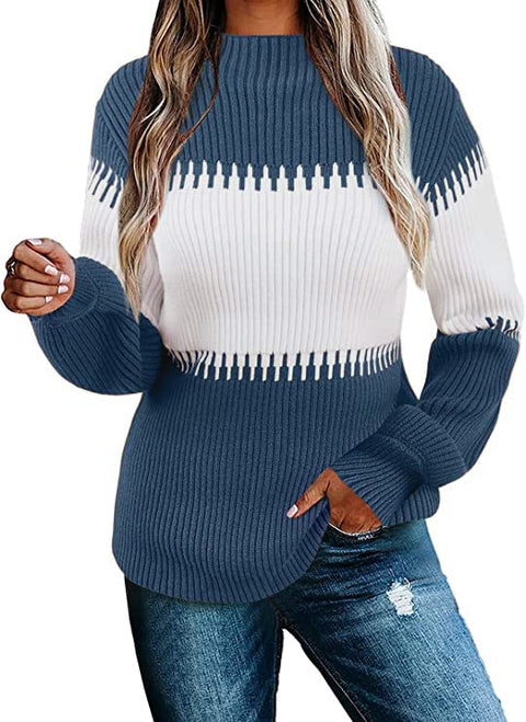 Vollonce Women's Fall Sweater Casual Long Sleeve Turtleneck Colorblock Striped