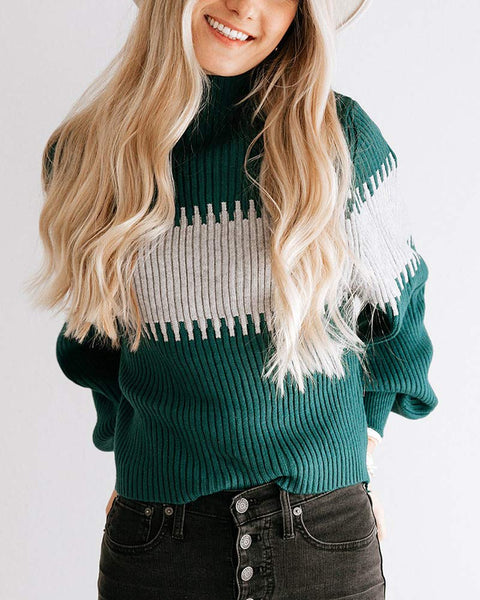 Vollonce Women's Fall Sweater Casual Long Sleeve Turtleneck Colorblock Striped