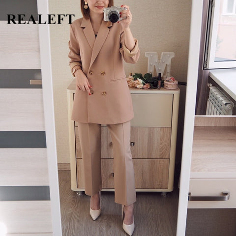 2022 New Autumn Winter Women's Pant Suit Double Breasted Notched Blazer Jacket