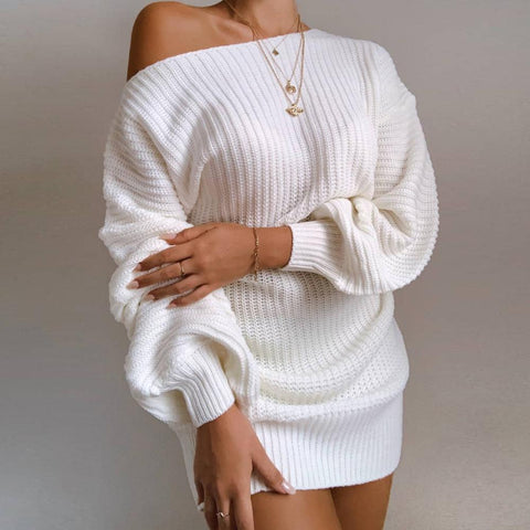 Casual Knitted Mini Dress Women Autumn Winter Sweaters Balloon Long Sleeve