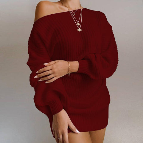 Casual Knitted Mini Dress Women Autumn Winter Sweaters Balloon Long Sleeve