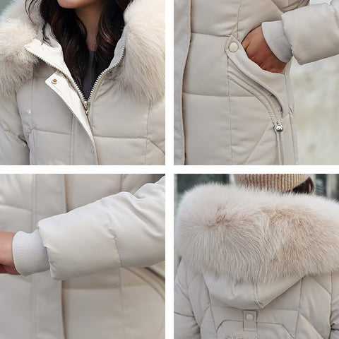 Women Winter Down Jacket Coat With Fur Collar Solid