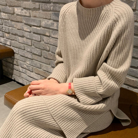 New Fashion Winter Women's Thicken Warm Knitted Pullover Sweater Two-Piece Suits