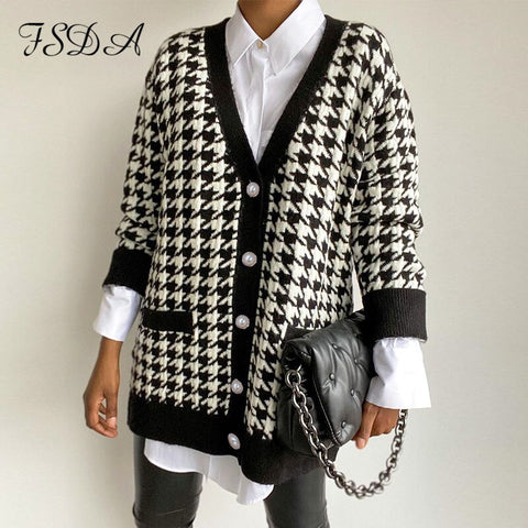 FSDA V Neck Women Button Black Houndstooth Cardigan 2022 Long Sleeve Sweater Autumn Winter Knitted Loose Oversized Jumper Casual