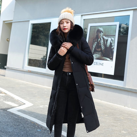 Women Winter Down Jacket Coat With Fur Collar Solid