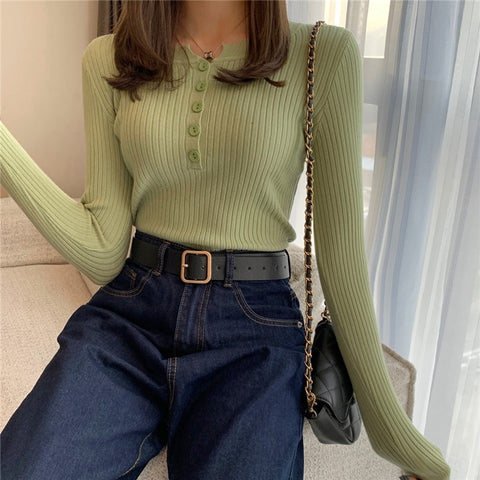 2022 Knitted Women Button Sweater Pullovers spring Autumn Basic