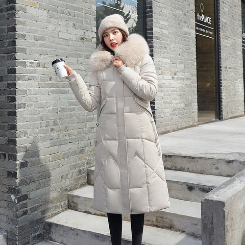 Women Winter Down Jacket Coat With Fur Collar Solid