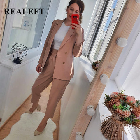 2022 New Autumn Winter Women's Pant Suit Double Breasted Notched Blazer Jacket