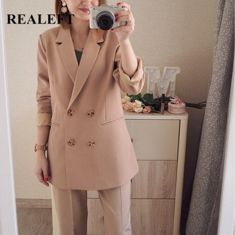 2022 New Autumn Winter Women's Pant Suit Double Breasted Notched Blazer Jacket