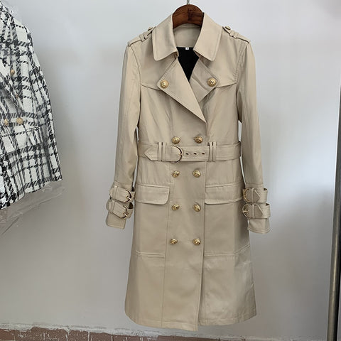 2022 Fall Winter Designer Fashion Women's Elegant Double Breasted Lion Buttons Belt Trench Coat